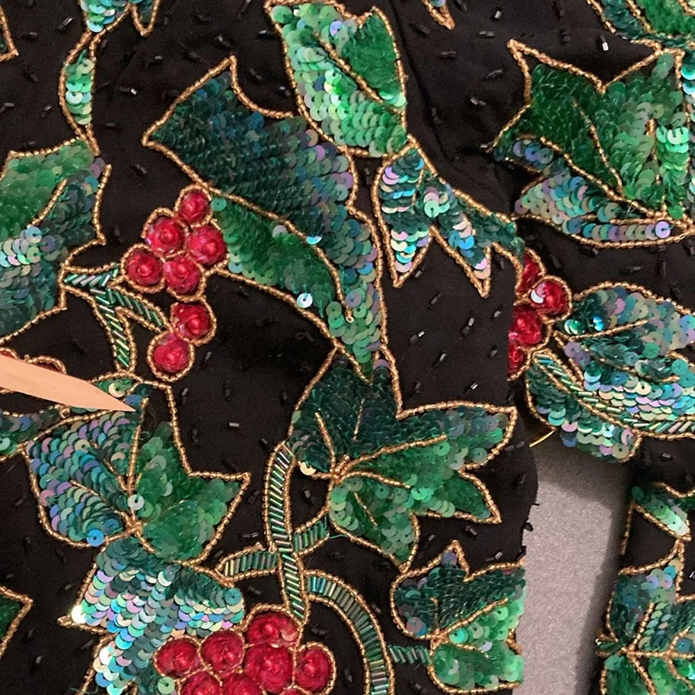 NITELINE Vintage Christmas Floral Sparkly Beaded Sequined Silk Jacket size XL - Picture 13 of 13
